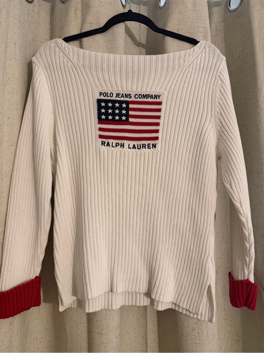 Ralph Lauren Ribbed Sweater with Flag and Red Cuffs
